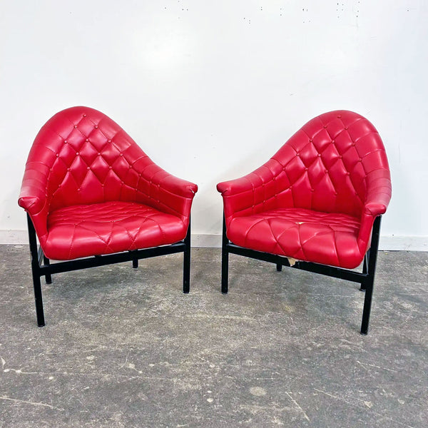 Milo Baughman Style Armchair Pair on Metal Bases