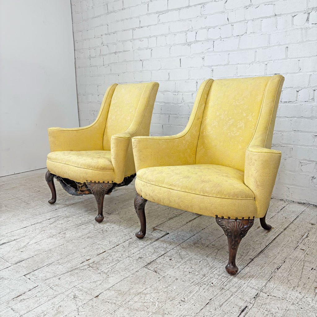 Wide Antique Armchair Pair with Carved Legs