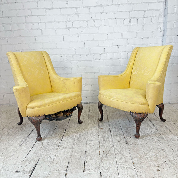 Wide Antique Armchair Pair with Carved Legs
